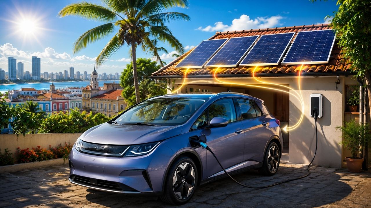 Motorista de BYD Dolphin pode rodar 1.500 km por mês com recarga compensada por apenas 4 placas solares de 550 W, segundo cálculo feito em Recife que estima consumo de 181,5 kWh (1)
