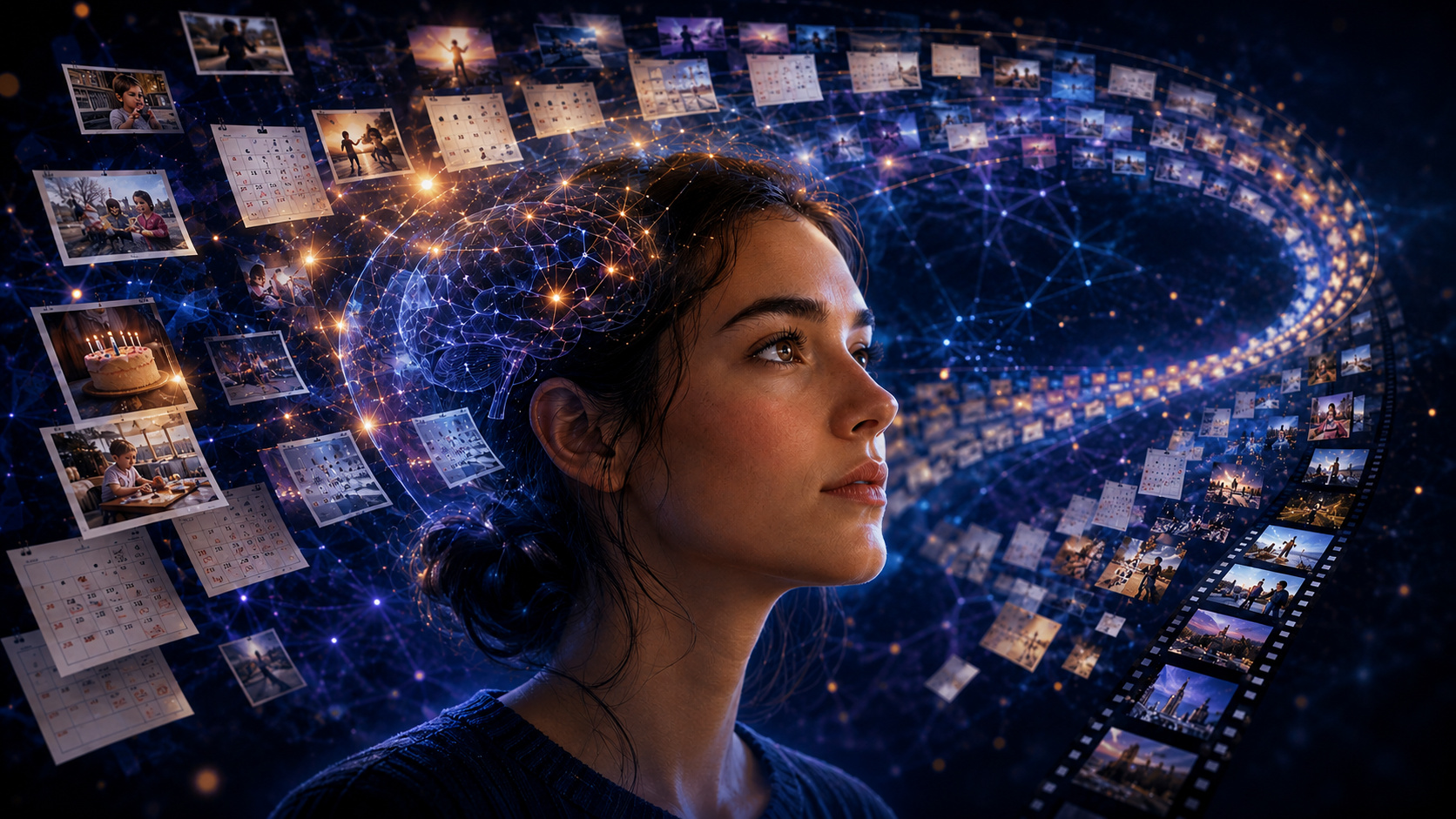 Ilustração digital futurista mostrando uma mulher cercada por fragmentos de memórias, fotos, calendários e conexões neurais brilhantes, simbolizando inteligência artificial, memória digital e processamento de dados humanos.