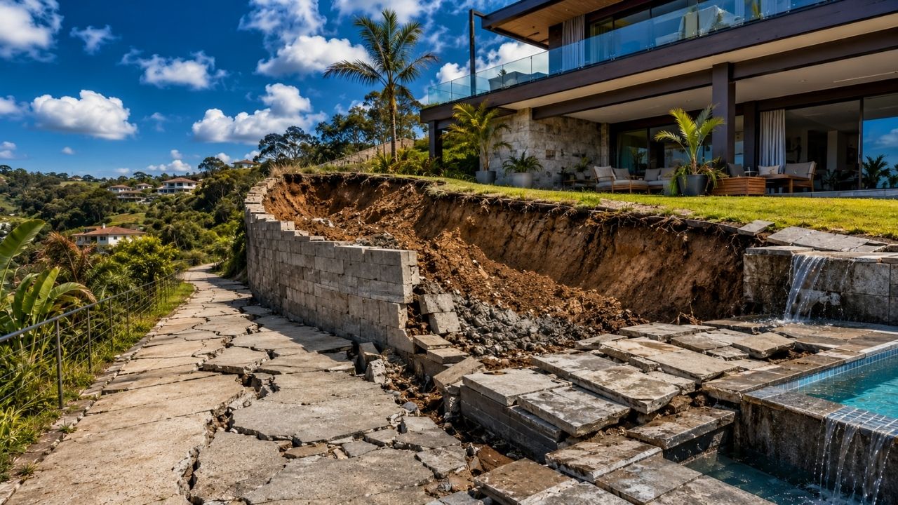 Muro de arrimo exige compactação correta do aterro para evitar terreno afundando, calçada trincada, piso deslocado e vazamento em piscina, alerta engenheiro