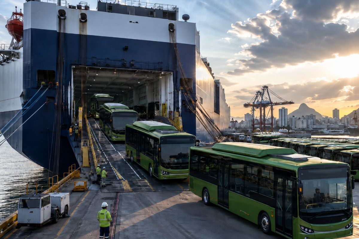 Navio que saiu da China descarrega 90 ônibus elétricos no Porto de Vitória, leva frota ao DF em lotes de 15 veículos e inicia renovação que promete atender 67 mil passageiros por dia em