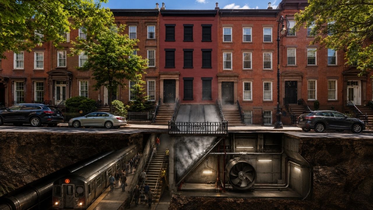 Nova York esconde uma casa falsa entre imóveis milionários sem moradores, a fachada em Brooklyn disfarça ventilação e saída de emergência do metrô que podem ajudar (1)