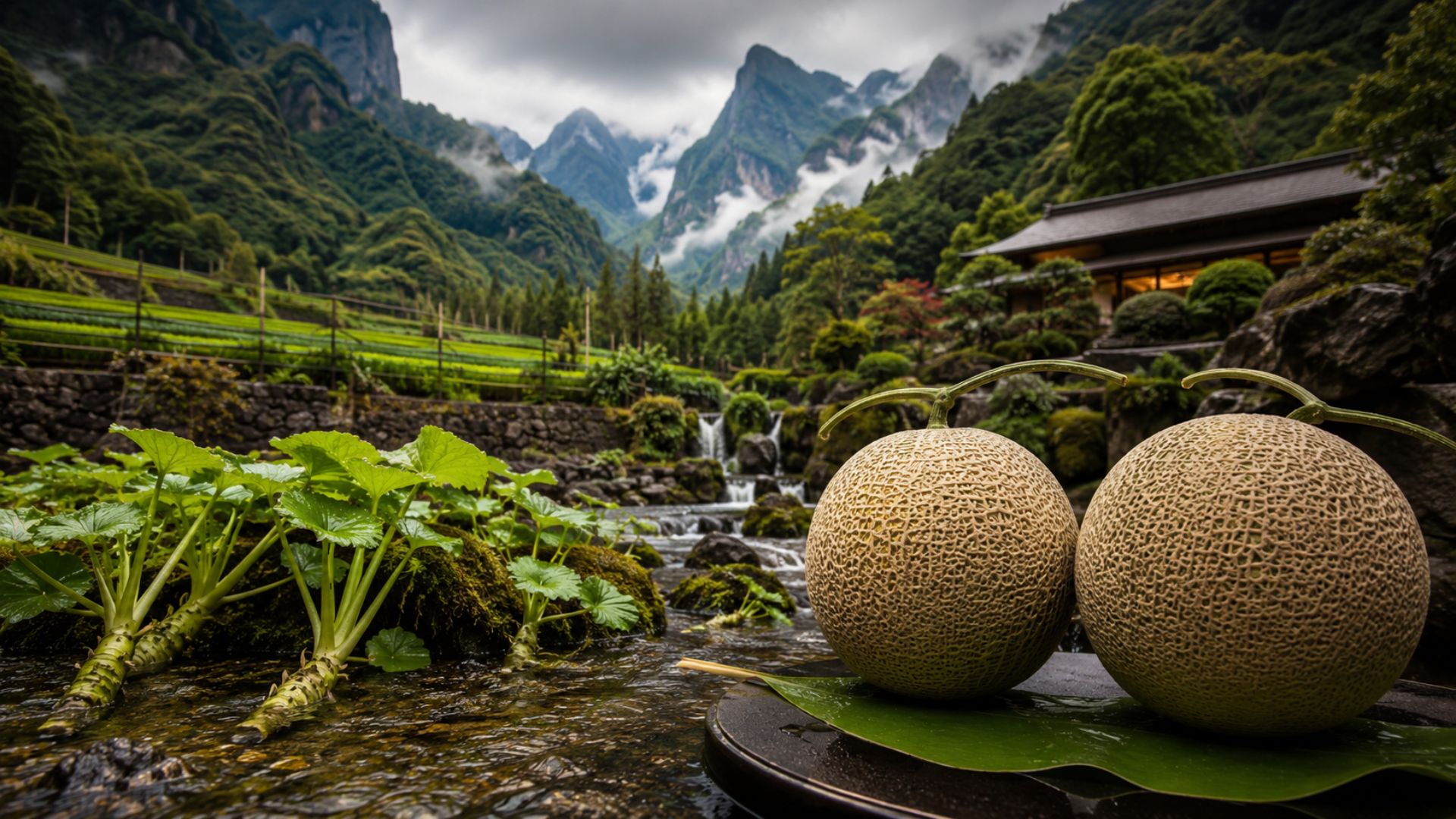 Com 75% do território montanhoso, o Japão transformou a escassez em luxo: um par de melão Yubari bateu recorde de US$ 36,5 mil em 2026, e o wasabi real é raríssimo.