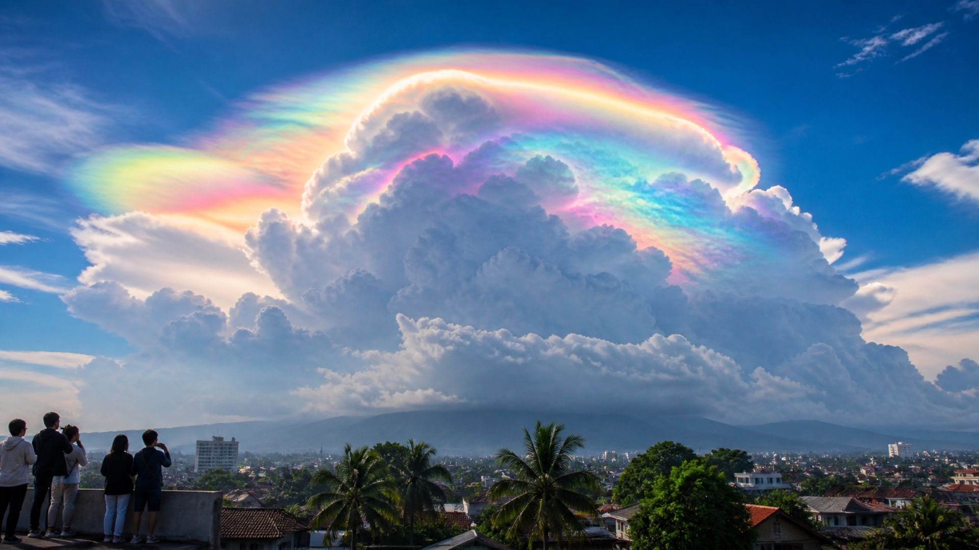 Nuvem arco-íris com tons de verde, rosa e azul viraliza na Indonésia, revela um raro fenômeno óptico no céu e chama atenção porque o colorido visto sobre Bogor não era truque (1)