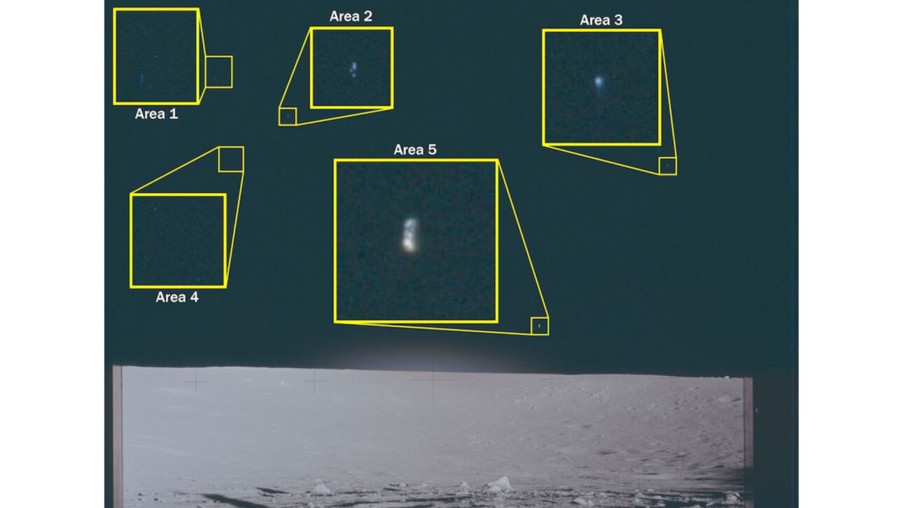 Esta fotografia de arquivo retrata a superfície lunar vista do local de pouso da Apollo 12. A imagem destaca cinco áreas de interesse, denominadas "Área 1" a "Área 5", acima da linha do horizonte, nas quais são visíveis fenômenos não identificados.