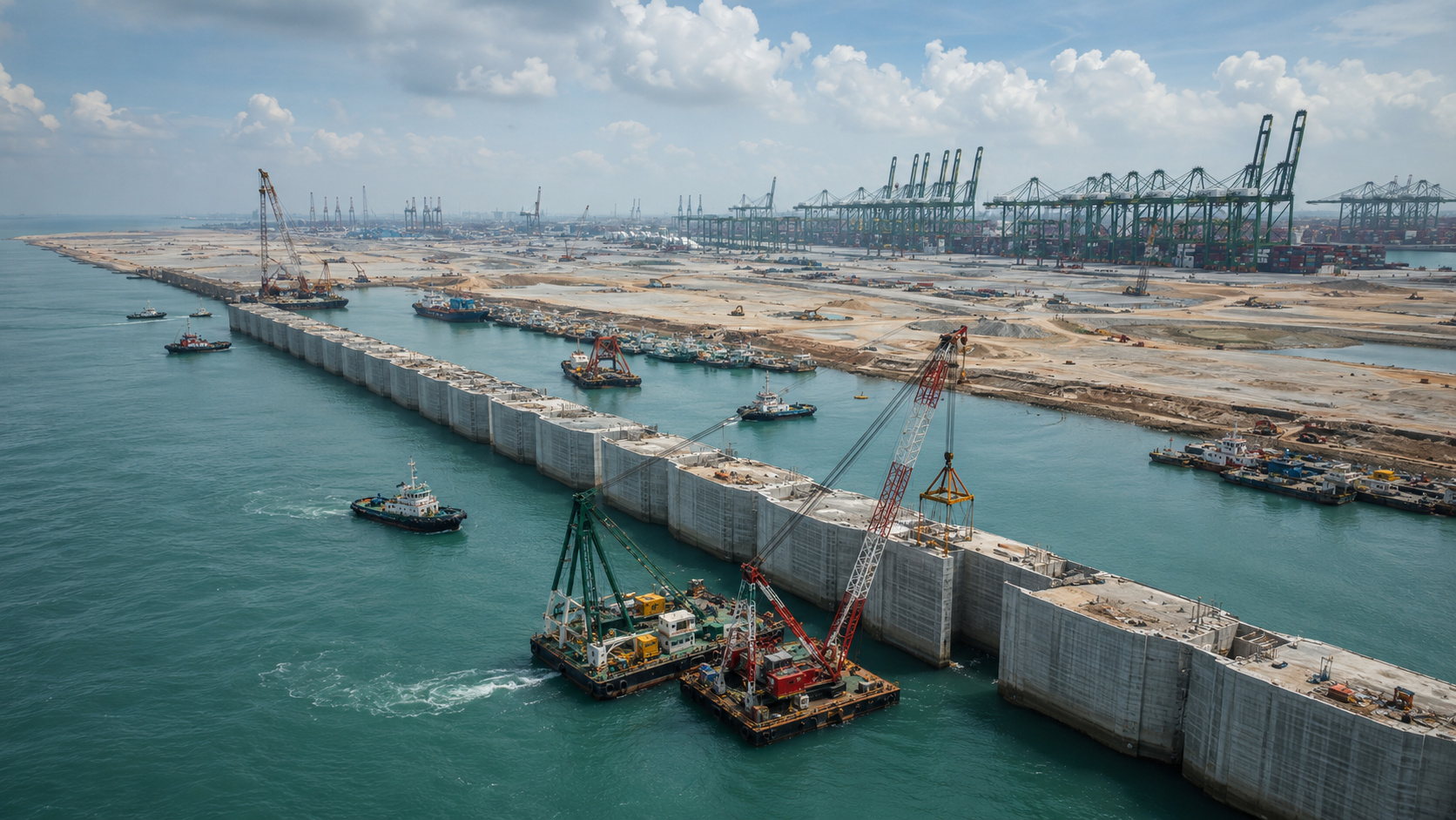 227 caixas gigantes de concreto com altura de prédio de 10 andares estão formando 9,1 km de muralha marítima em Singapura para erguer o megaporto que poderá movimentar 65 milhões de contêineres por ano