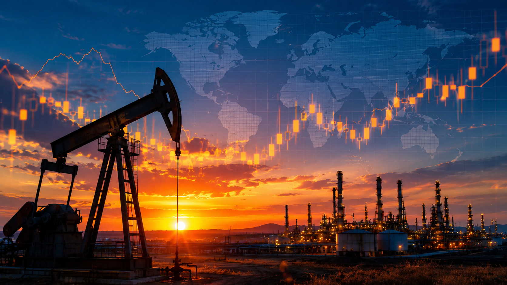 Bomba de petróleo e refinaria com gráficos financeiros globais representando demanda mundial de petróleo