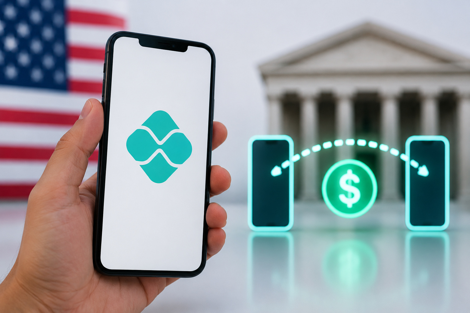 Smartphone com aplicativo de pagamento instantâneo em frente à bandeira dos Estados Unidos e banco ao fundo