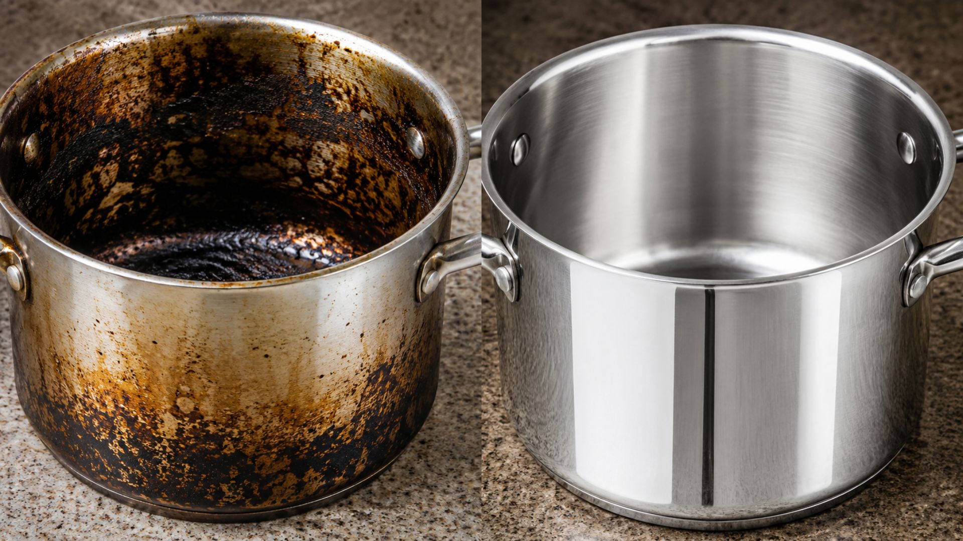 Panela queimada pode ser recuperada com limpa-forno, vinagre, pasta de polir e bucha, removendo gordura antiga e devolvendo brilho ao inox.