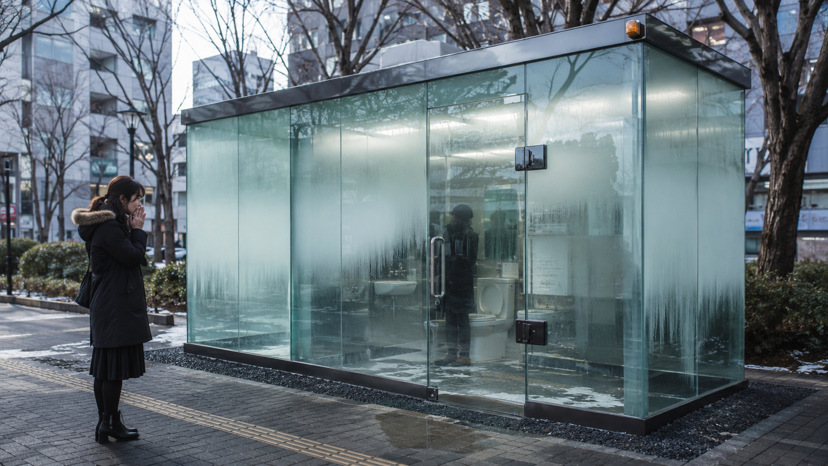 Paredes de um banheiro transparente em Tóquio ficam foscas quando a porta é fechada