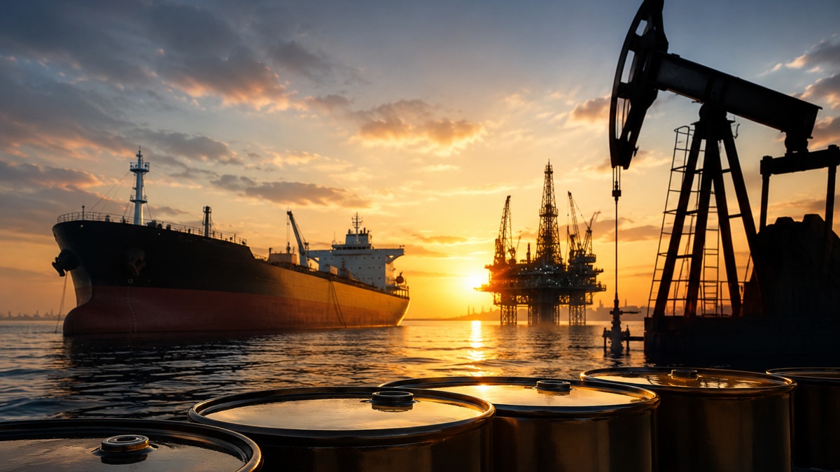 Navio petroleiro, plataforma offshore e barris de petróleo ao pôr do sol representando crise no mercado global de energia