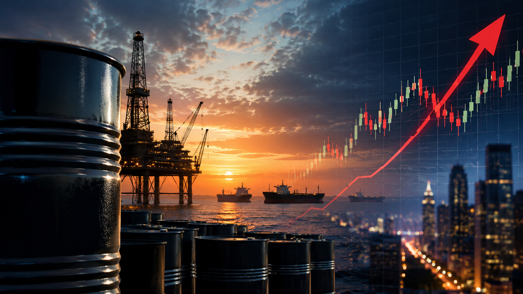 Barris de petróleo, plataforma offshore e gráfico financeiro representando alta do petróleo e tensão nos mercados globais