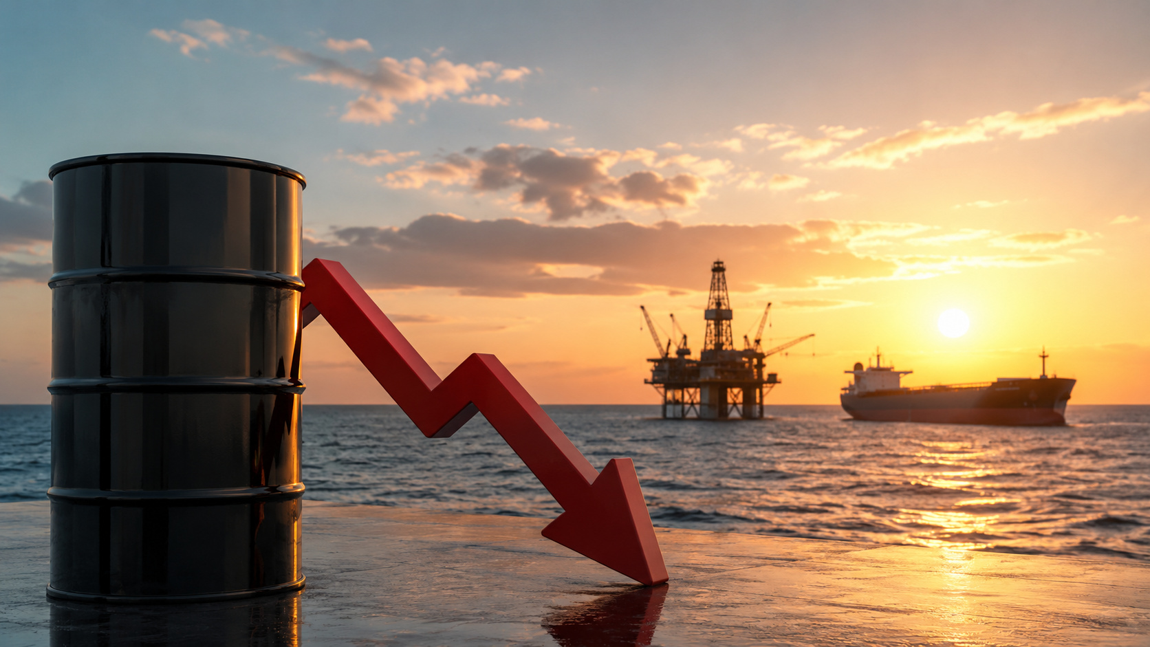 Barril de petróleo, plataforma de extração e navio petroleiro ao pôr do sol representando queda dos preços internacionais