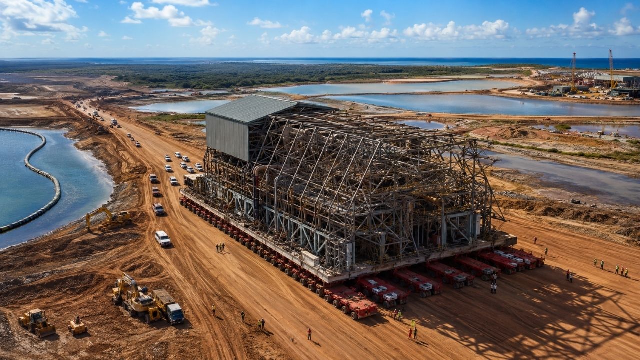 Planta de mineração de 7.000 toneladas foi transportada inteira por 23 quilômetros em Moçambique usando cerca de 300 linhas de eixo e 50 SPMTs para levar a estrutura até uma nova (4)