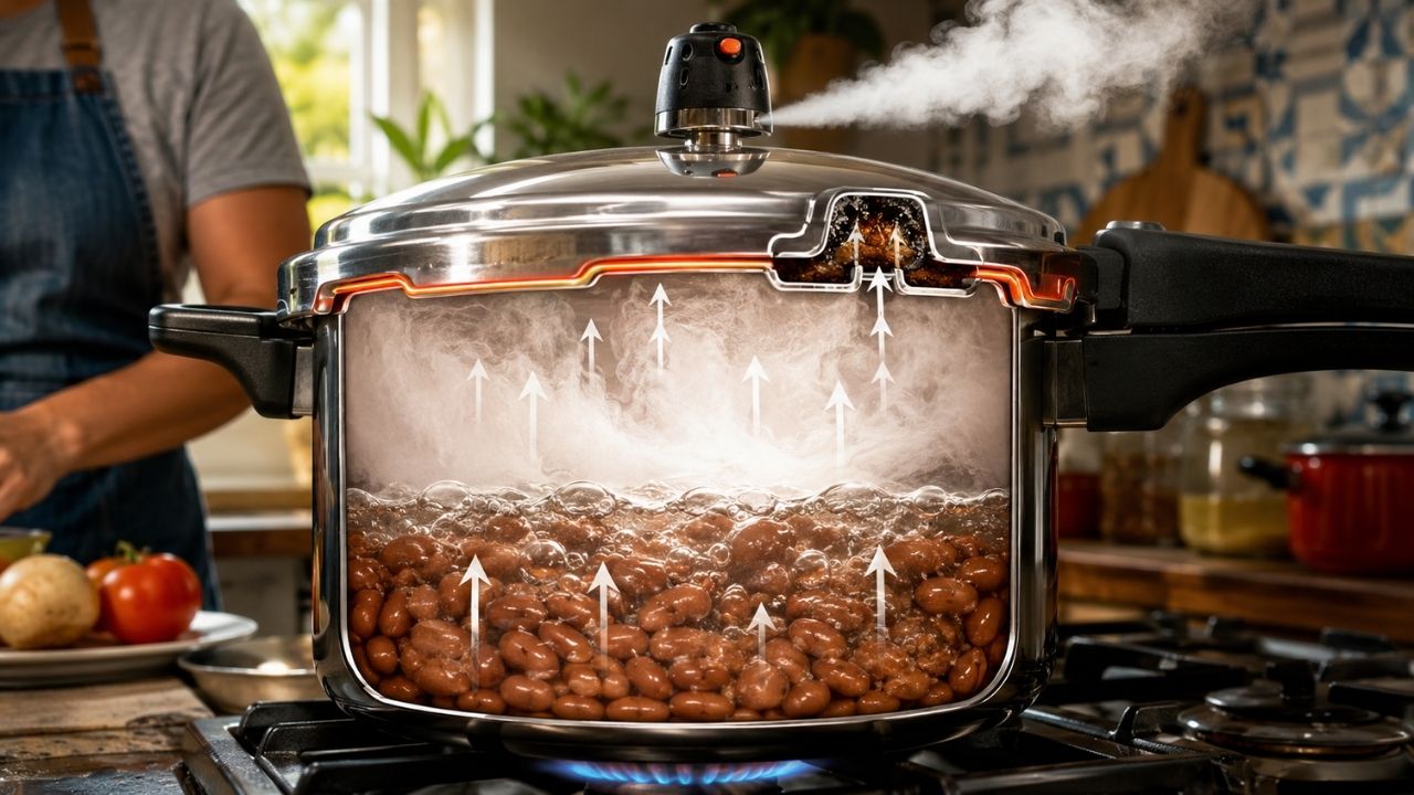 Por dentro da panela de pressão, experimento mostra como o vapor aumenta a temperatura, acelera o cozimento do feijão e ainda explica por que uma válvula entupida pode transformar (1)