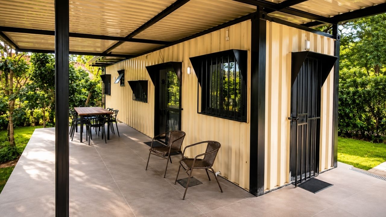 Por fora parece uma casa pequena, mas por dentro a casa contêiner de 33 m² surpreende com sala, cozinha funcional, dormitório confortável, móveis planejados, varanda ampla