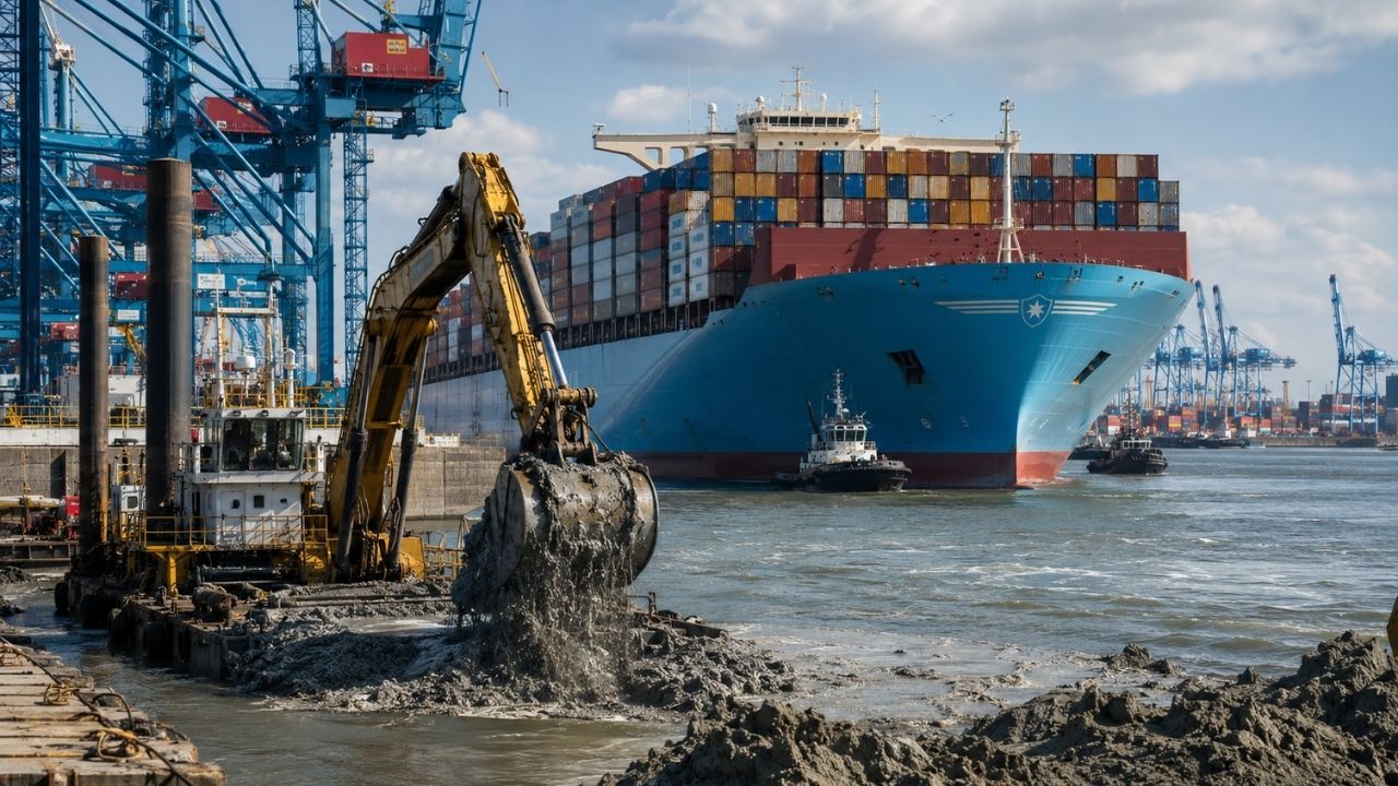 Porto de Gotemburgo prepara dragagem de 11 milhões de m³ de argila para aprofundar canal a até 17,5 metros e receber navios gigantes de 430 metros totalmente carregados, em projeto