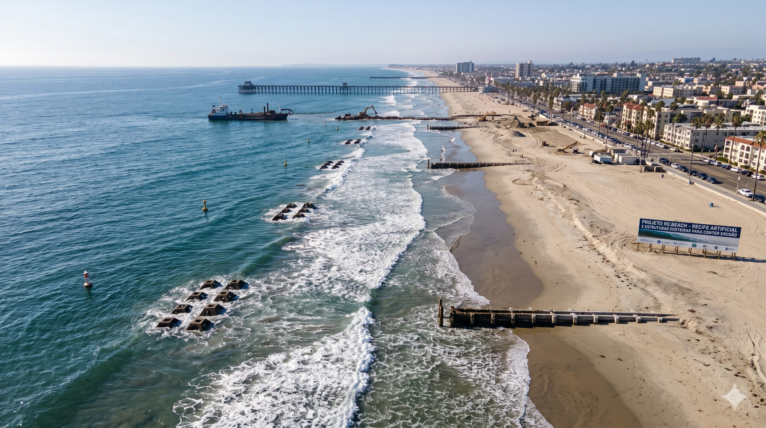 Cidade que perdeu praias inteiras aposta em “lombadas vivas” no fundo do oceano: projeto de US$ 1,8 milhão usa recife artificial e promontórios para frear ondas, reter areia e tentar reverter décadas de erosão na Califórnia