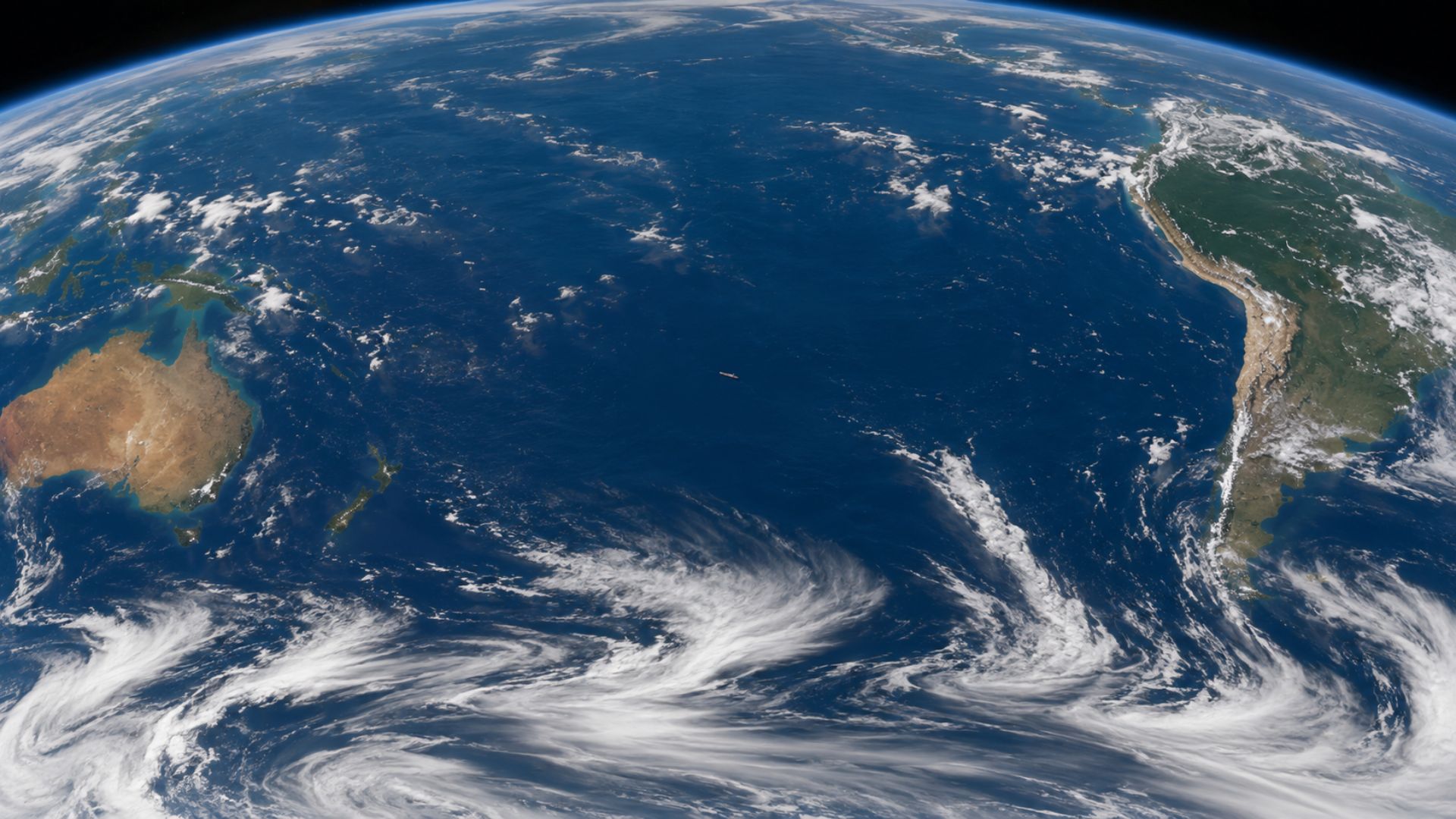 Quase nenhum navio cruza o Pacífico Sul entre América do Sul e Austrália por distância, ventos e falta de portos. No centro do vazio fica o isolado Ponto Nemo.