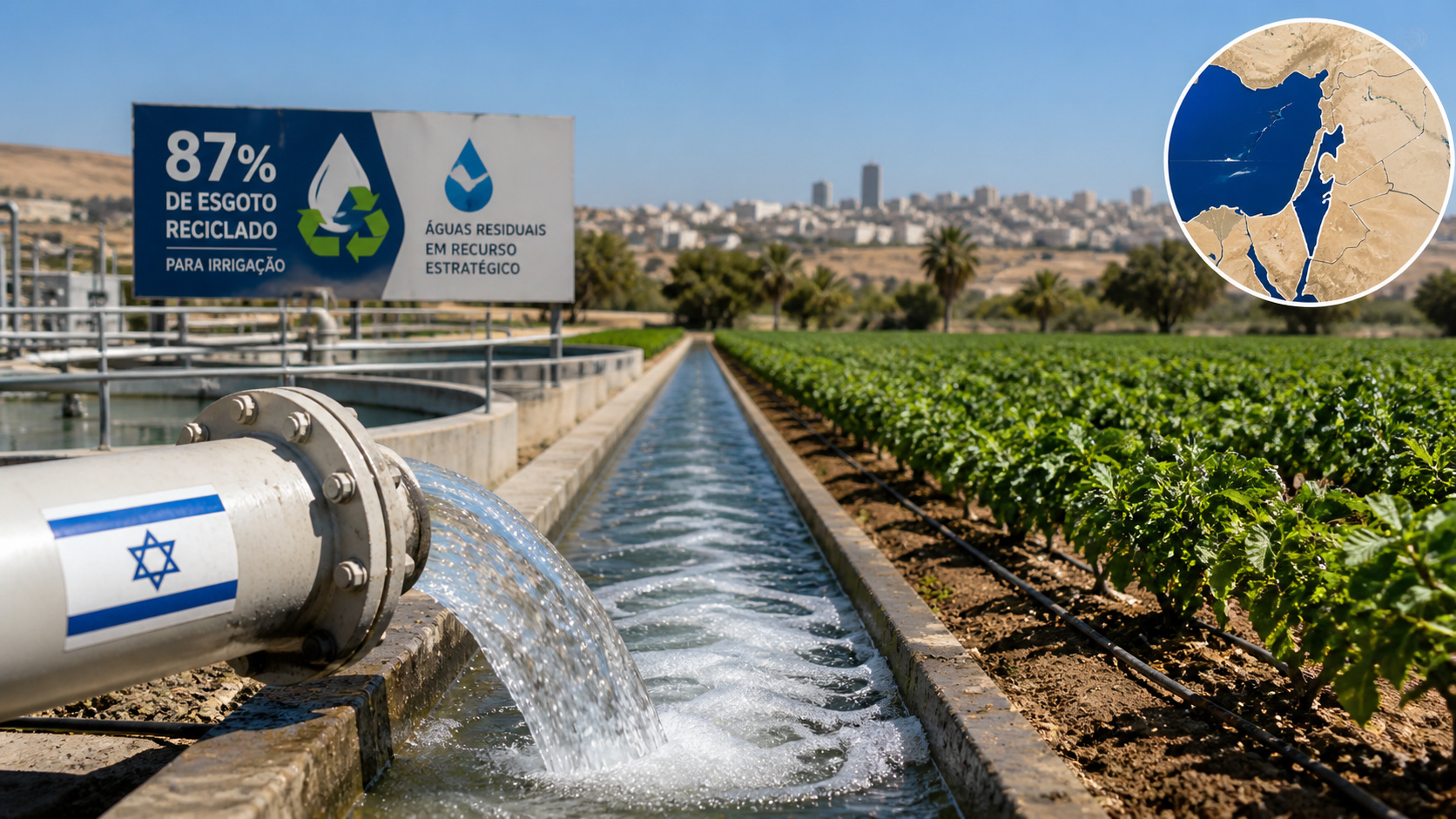 País cercado por escassez transforma esgoto tratado em arma agrícola enquanto o rio que abasteceu gerações vira disputa regional: Israel recicla quase 90% das águas residuais para irrigação e expõe o abismo hídrico dos vizinhos que ainda dependem do que sobra no Jordão