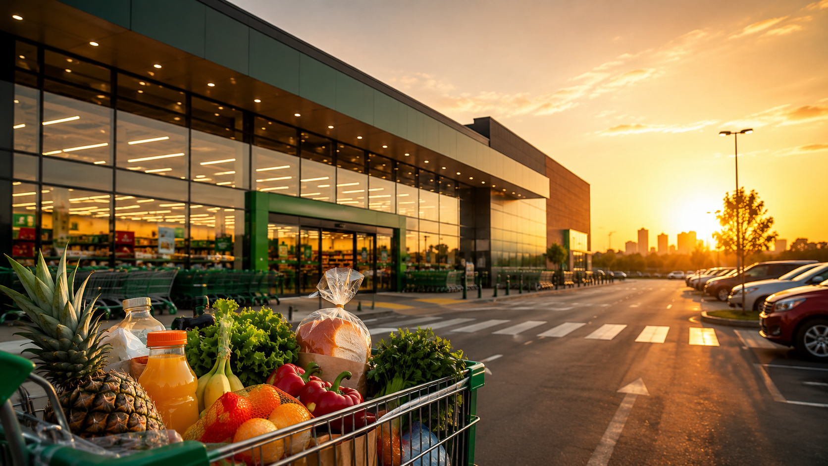Supermercado moderno com carrinho de compras cheio de alimentos ao pôr do sol
