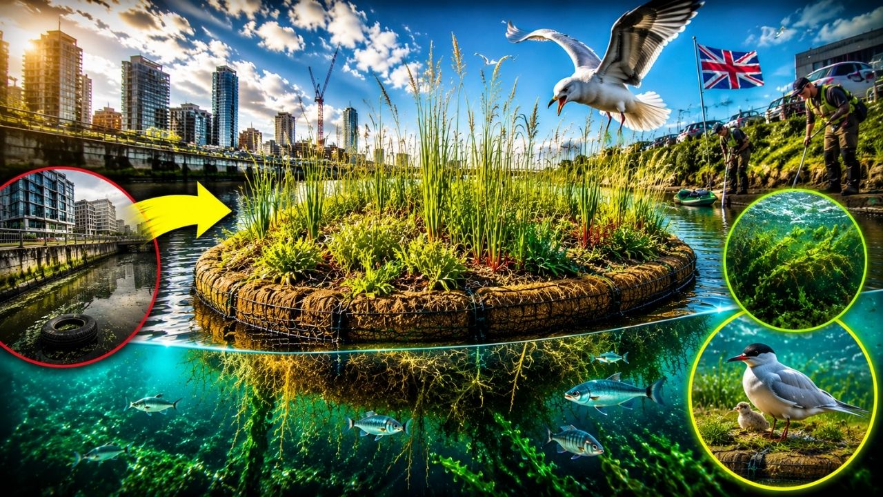 Reino Unido testa pântano salgado flutuante após perder mais de 85% da vegetação costeira, usa pontões com plantas marinhas para limpar água e recuperar biodiversidade em áreas (3)