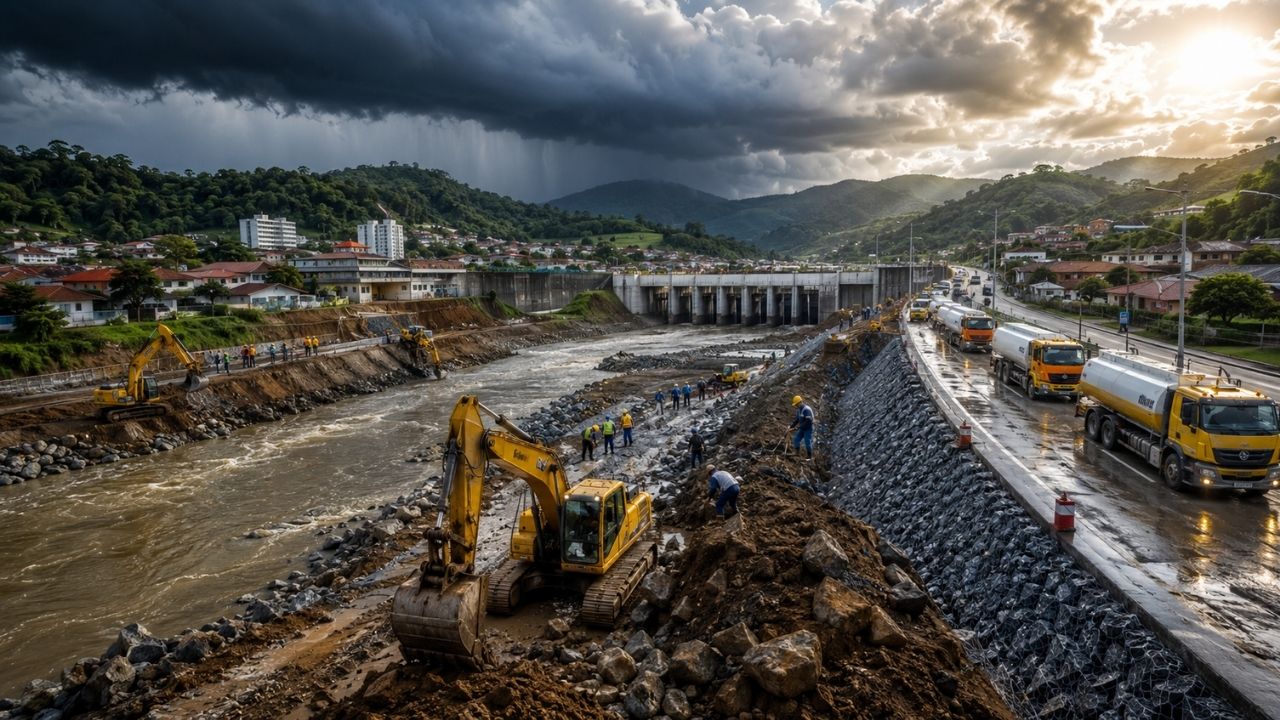 Santa Catarina investe R$ 1 bilhão contra o risco do El Niño, acelera obras  em barragens, limpa rios, entrega 641 pontes e 126 caminhões-pipa e prepara  295 municípios para chuvas intensas, alagamentos