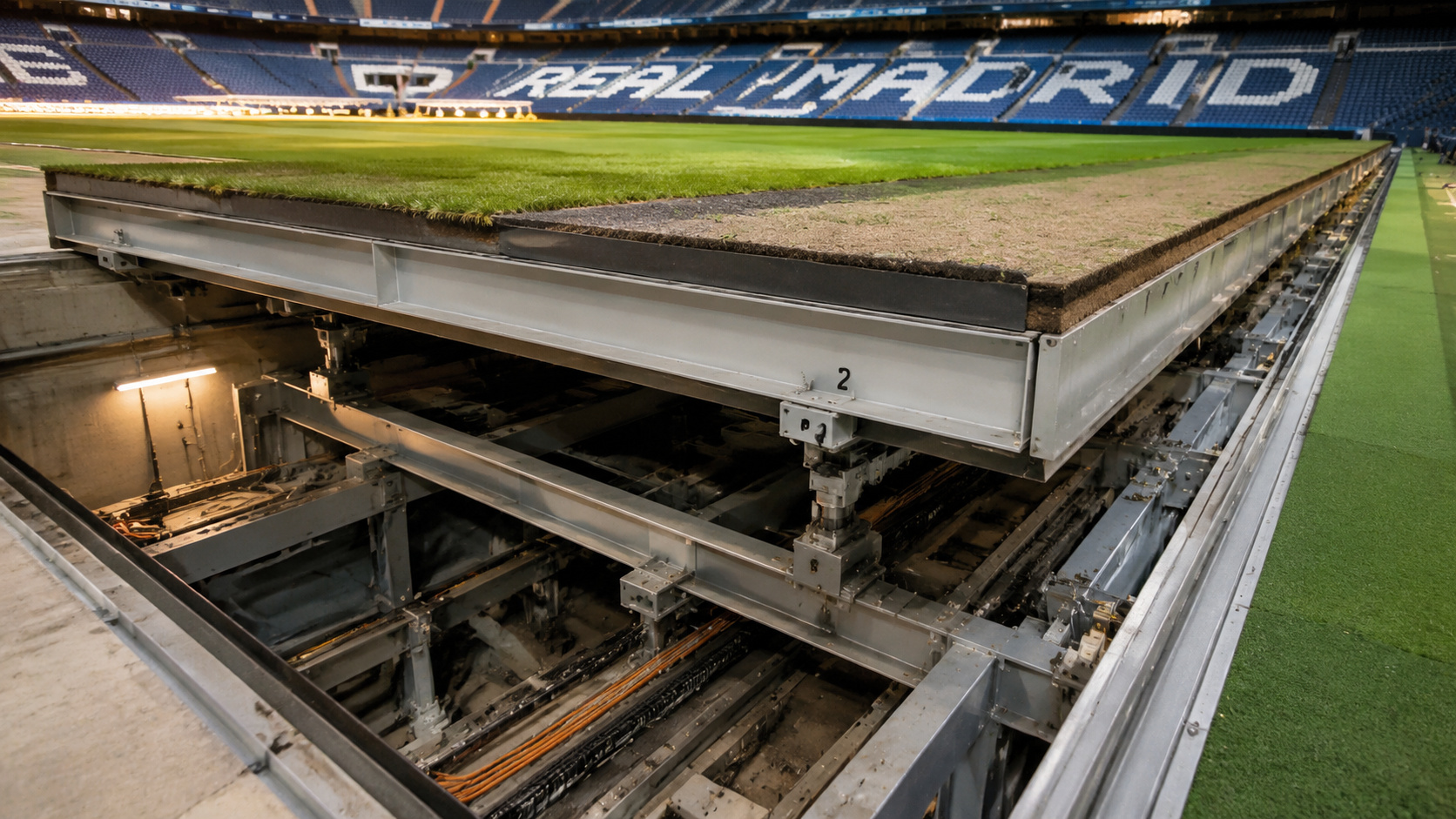 Santiago Bernabéu em Madri guarda seis bandejas de 1.500 toneladas em menos de cinco horas e transforma o campo em palco, aumentando receitas e capacidade de eventos
