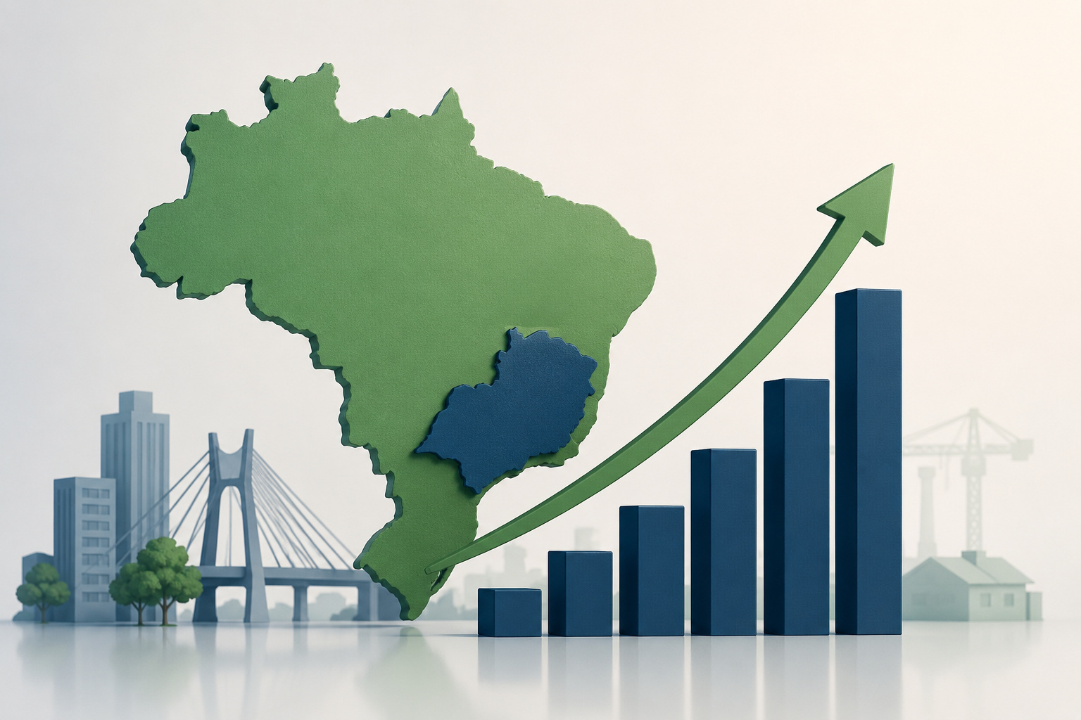 Mapa do Brasil com destaque para São Paulo e gráfico de crescimento econômico representando liderança financeira do estado