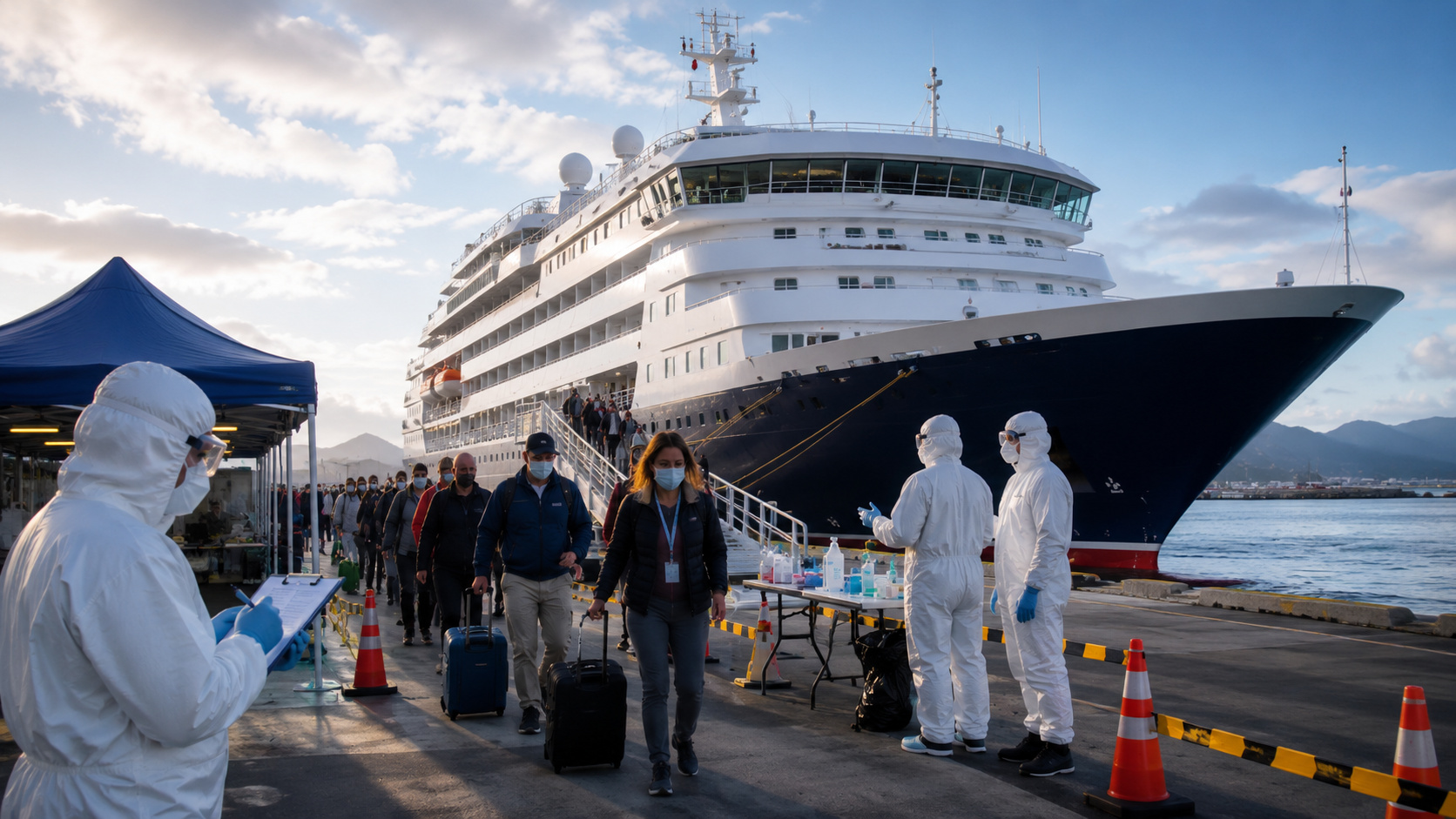 Passageiros desembarcam de navio de cruzeiro sob monitoramento sanitário com equipes de proteção nas Ilhas Canárias