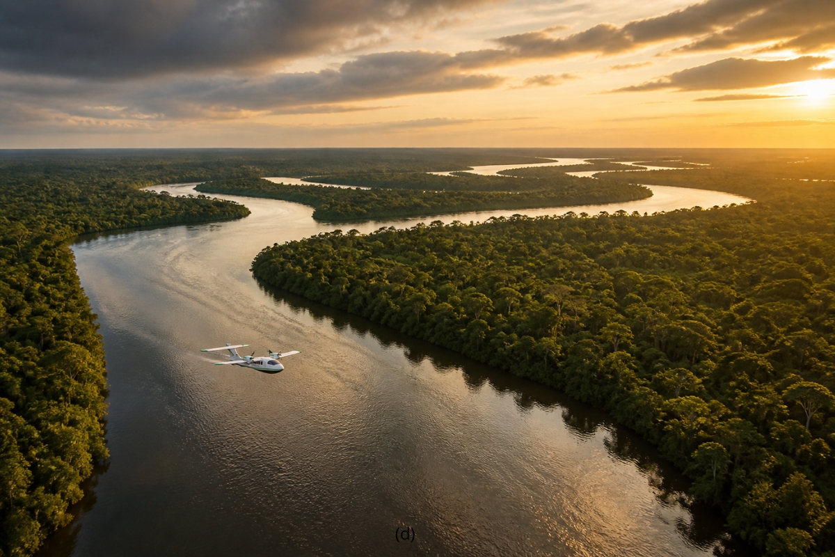 Barco voador de startup amazonense sobrevoando baixo um rio na Amazônia durante o pôr do sol, com floresta densa ao redor.