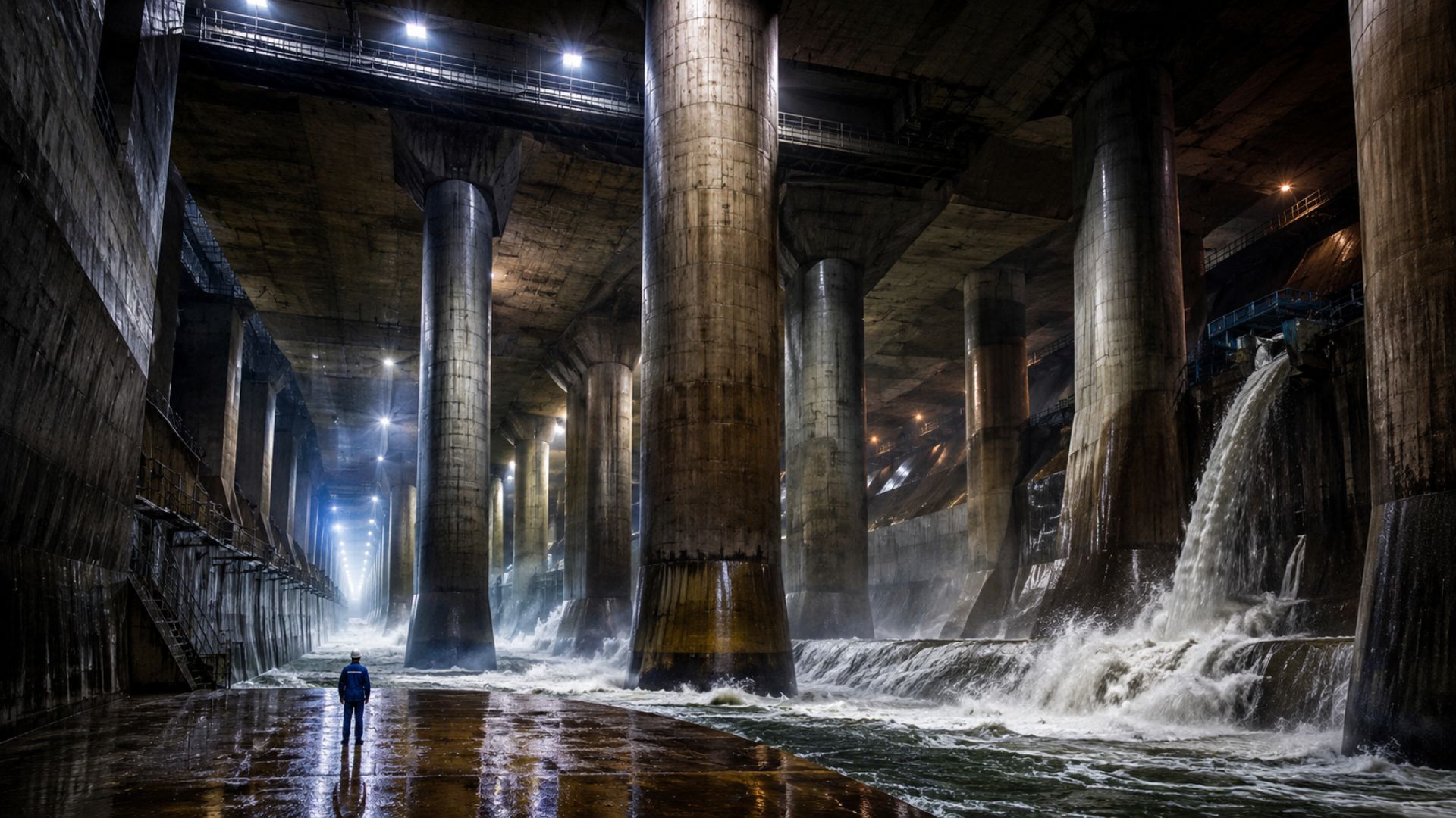Tóquio tem uma catedral subterrânea de 2 bilhões de dólares que reduziu inundações em 90%. Túneis de 6,3 km desviam enchentes para o subsolo.