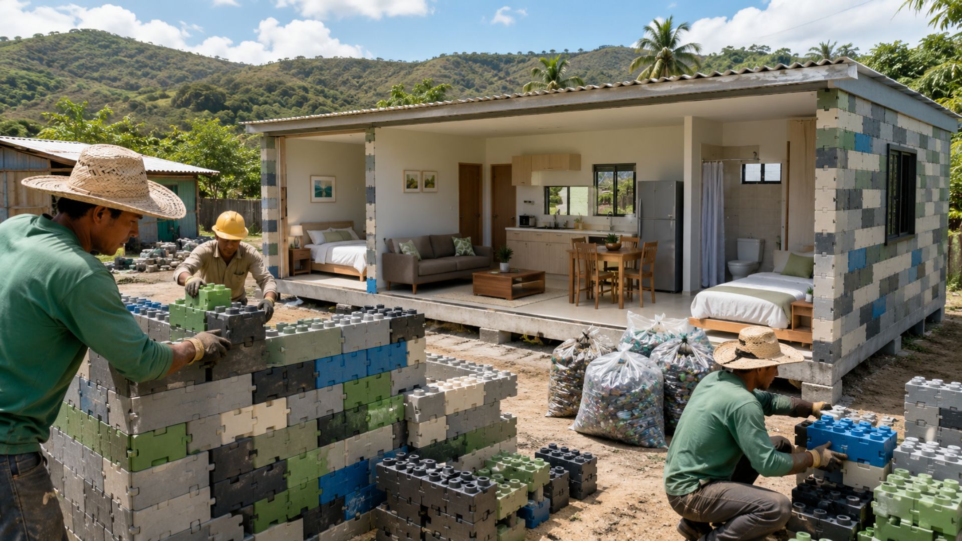 Empresa colombiana cria tijolos de plástico reciclado que se encaixam como Lego e permitem erguer uma casa de 40m² em apenas cinco dias por US$ 6.800.