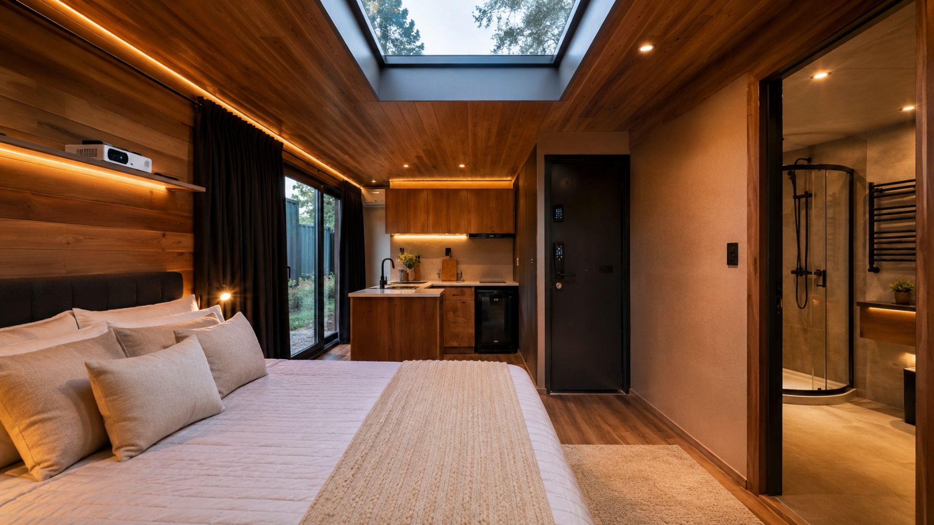 Kitnet container pensada para Airbnb tem fechadura eletrônica, vidro no teto de 150x150 cm, cortinas blackout e acabamento em eucalipto vermelho; veja os detalhes.