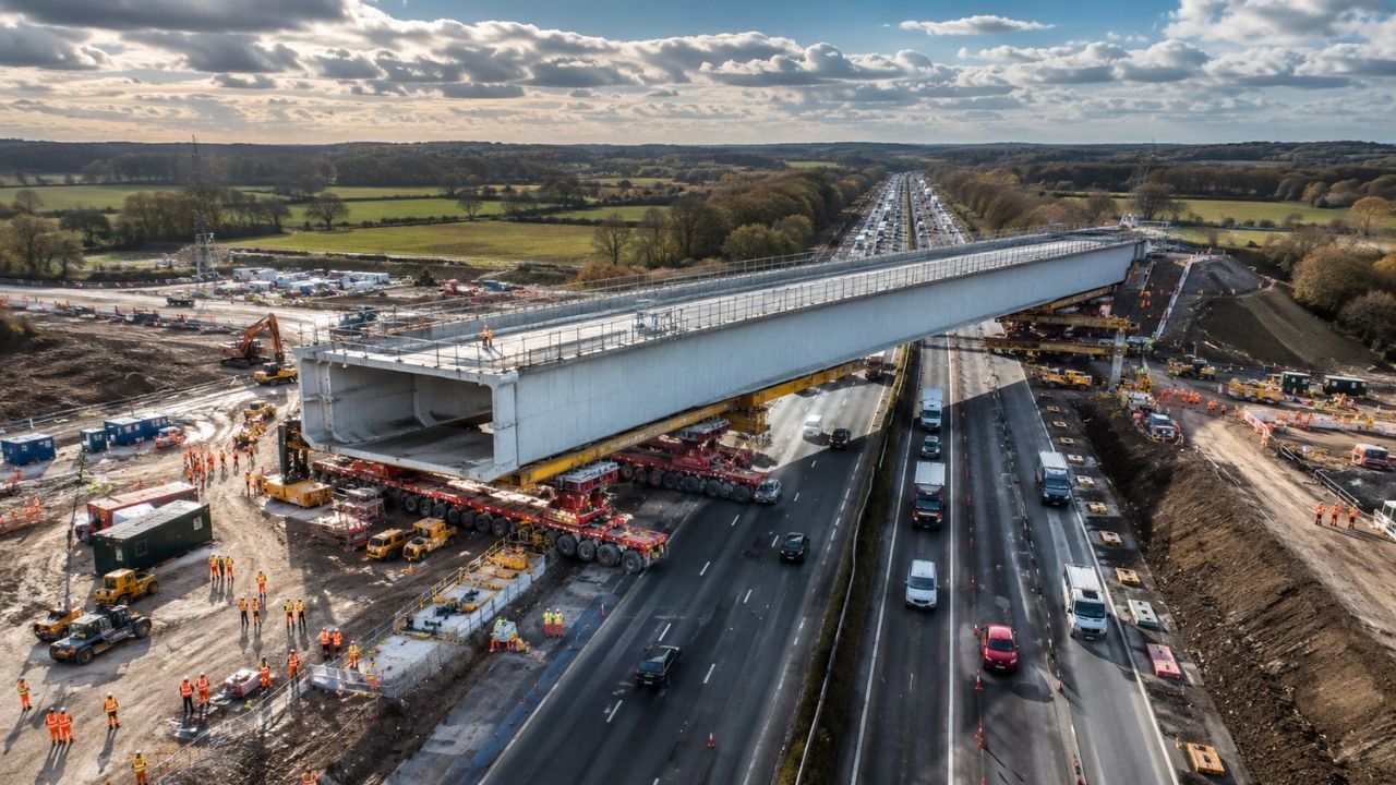 VÍDEO ponte de 12.600 toneladas desliza sobre rodovia na Inglaterra em operação inédita da HS2, percorrendo 165 metros a apenas 4 metros por hora enquanto 450 pessoas trabalhavam (7)