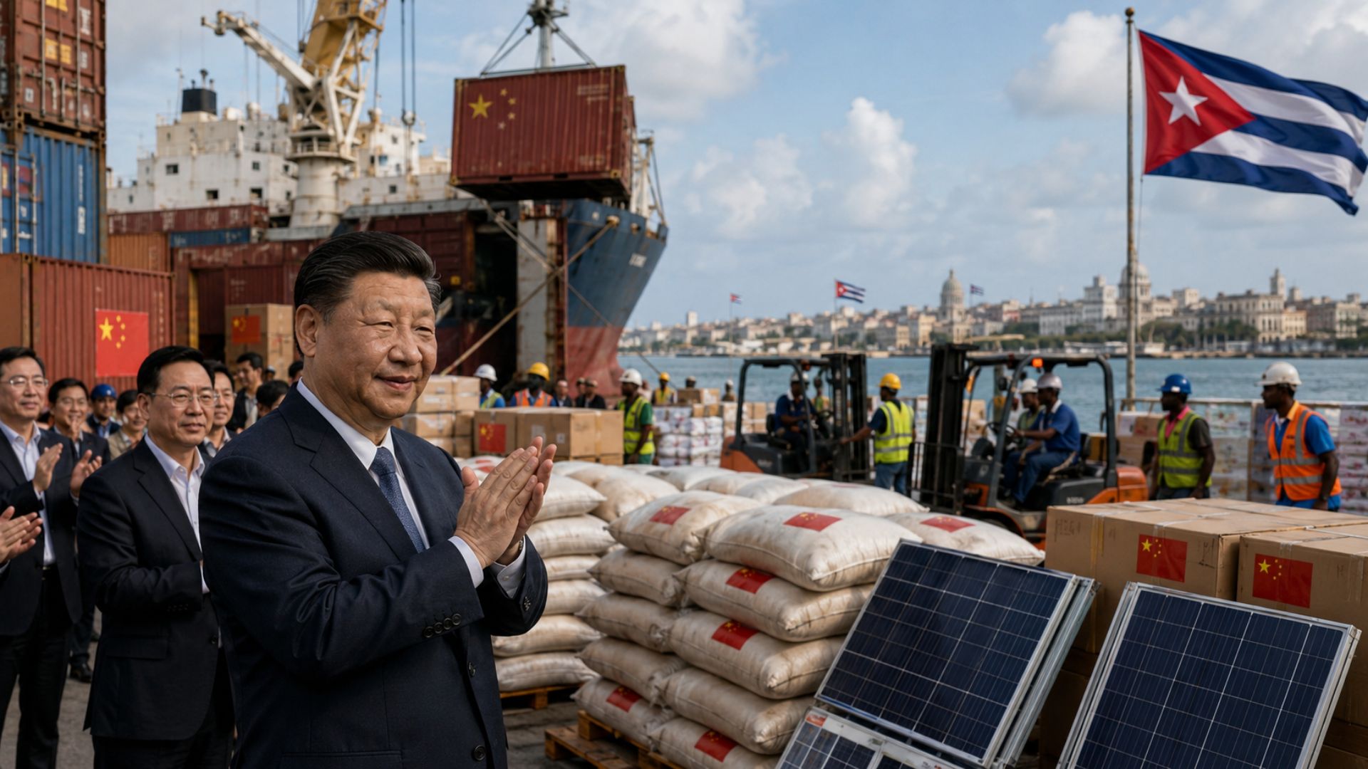 China instala painéis solares em hospitais de Cuba durante crise energética. Xi Jinping enviou arroz e US$ 80 milhões. Bloqueio dos EUA agrava a situação.