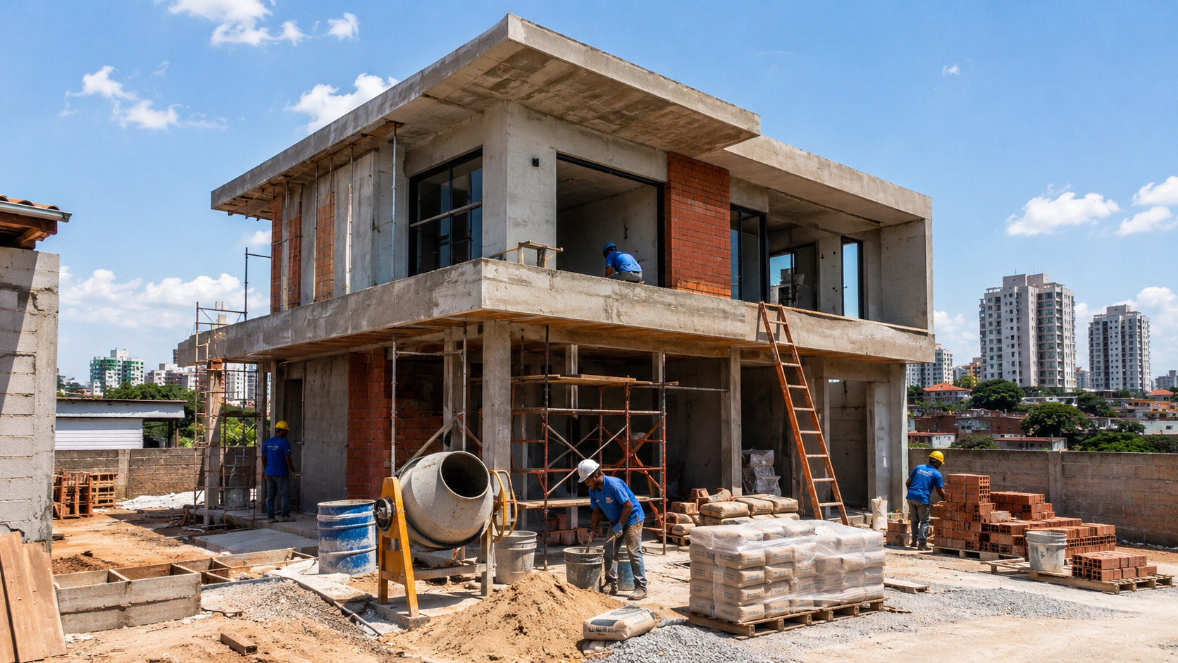 Obra residencial moderna em andamento durante o dia representa aumento do custo da construção no Brasil em 2026.