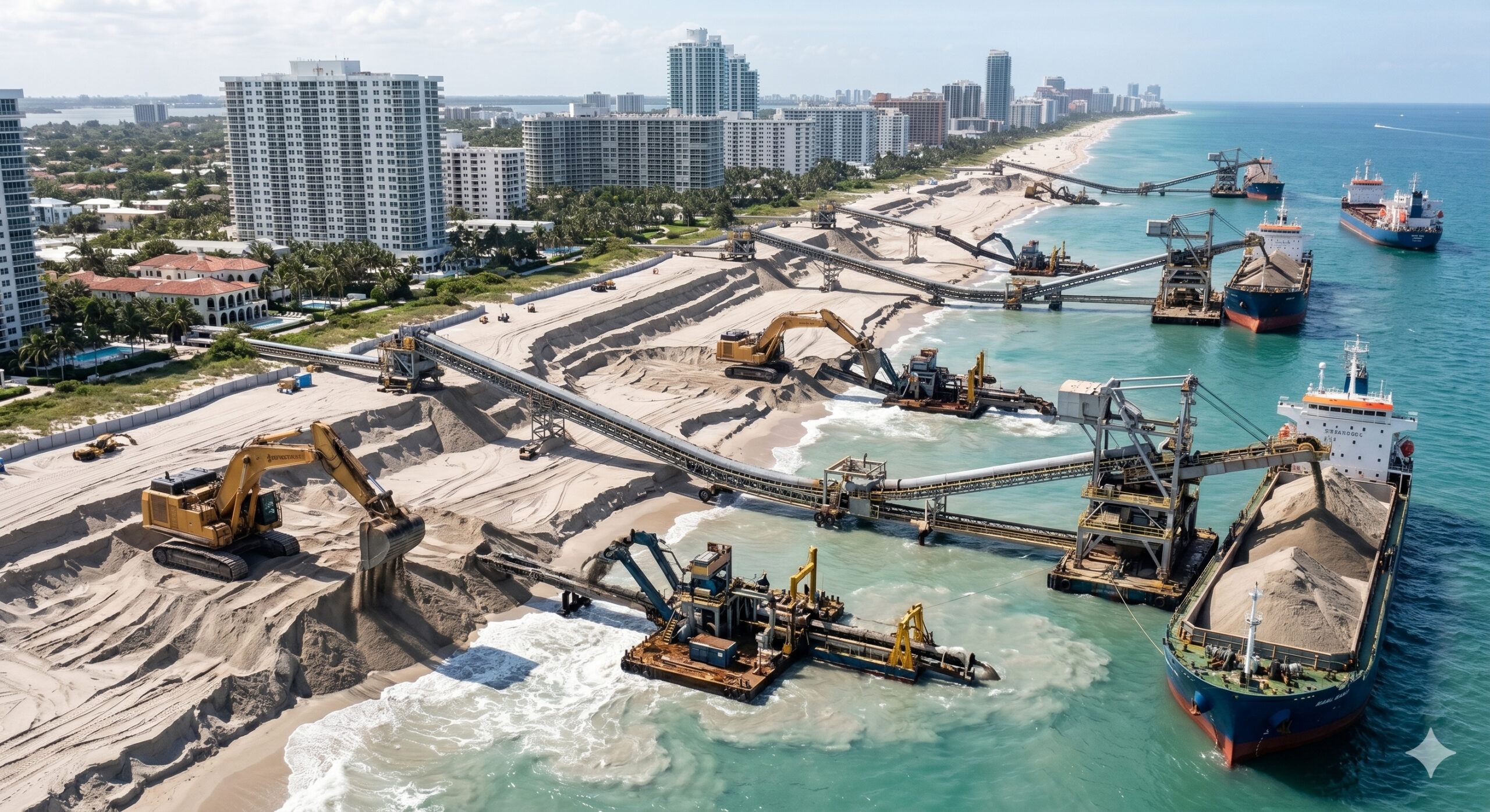 Miami Beach e Palm Beach gastam milhões de dólares em reabastecimento de praias, despejando areia artificial para conter a erosão costeira, proteger imóveis de alto valor e ganhar tempo contra o avanço do Atlântico em meio à elevação do nível do mar.