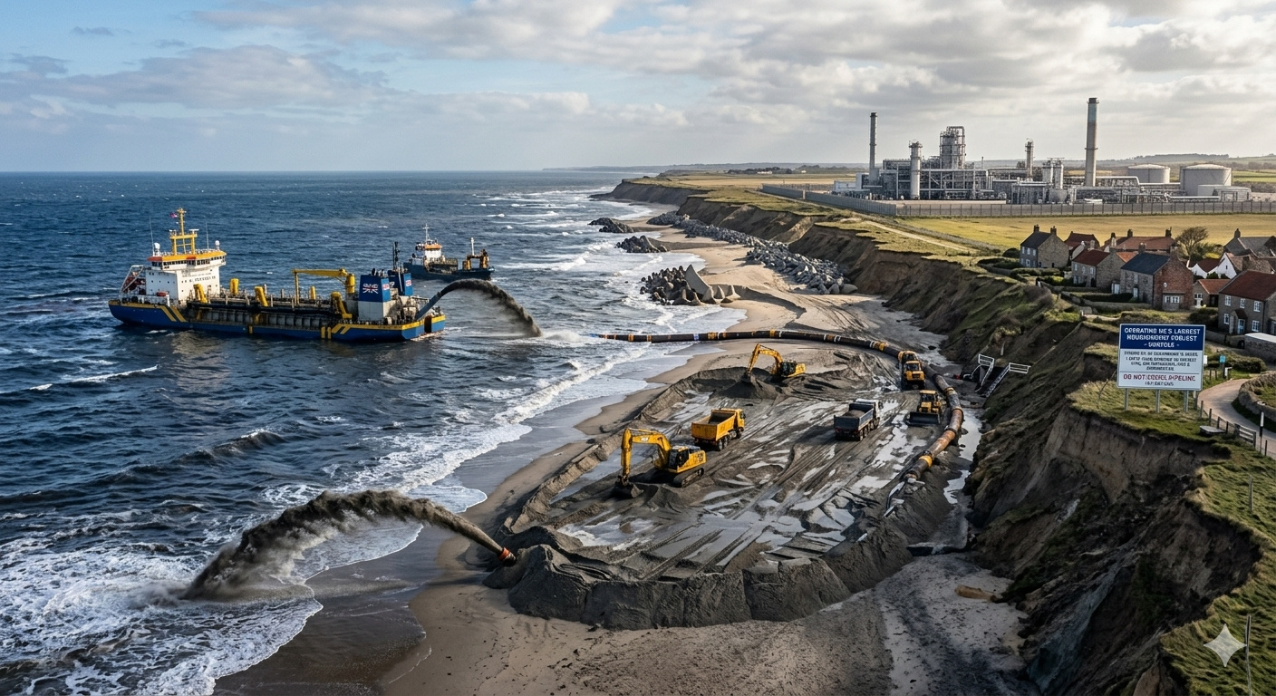 Reino Unido removeu cerca de 1,8 milhão de m³ de areia do fundo do mar e despeja tudo em 6 km de praias em Norfolk, em uma megaoperação para frear a erosão, proteger vilarejos costeiros e blindar um terminal de gás vital contra o avanço do Atlântico