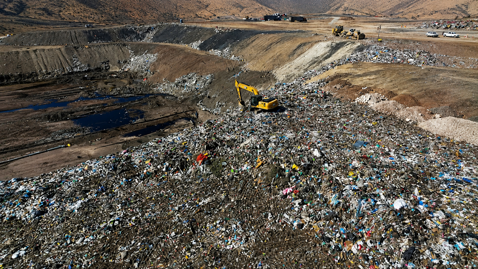 Vista aérea do aterro Lomas Los Colorados, no Chile, com toneladas de lixo acumuladas e máquinas operando na área apontada como maior emissora de metano do mundo.