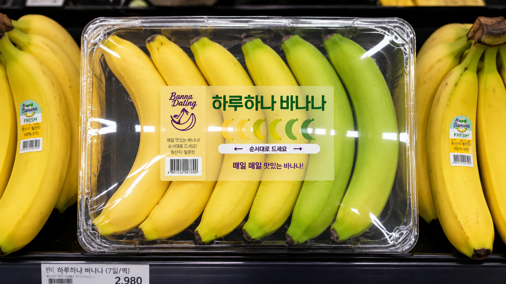 Bandeja de bananas em diferentes estágios de maturação vendida em mercado da Coreia do Sul para reduzir desperdício alimentar e organizar o consumo semanal.