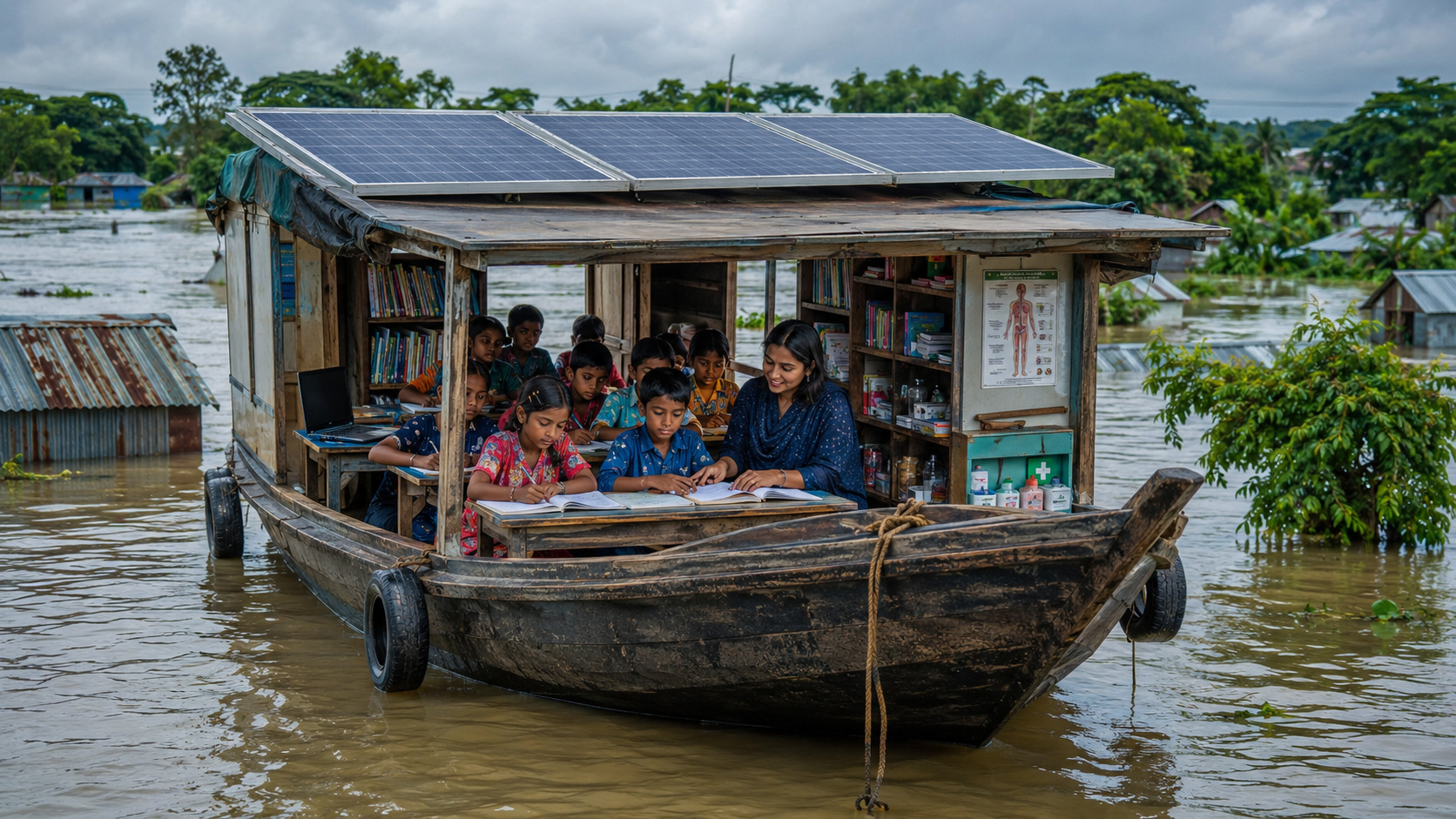 barcos com painéis solares se transformam em escolas flutuantes