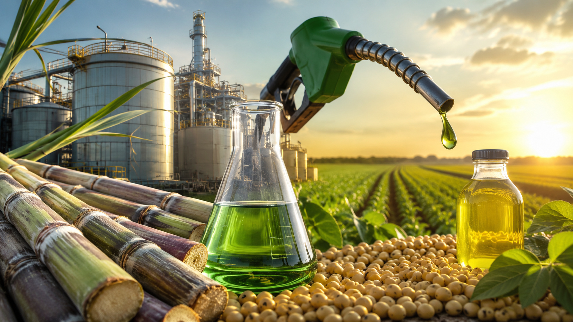 Imagem realista mostra produção de biocombustíveis com cana-de-açúcar, soja, combustível verde e instalações industriais ligadas à energia renovável no Brasil.
