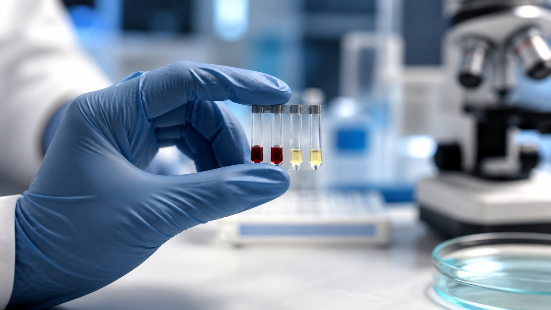 Mão com luva segura amostras de sangue em microtubos em laboratório para análise com biossensor que detecta câncer de pâncreas