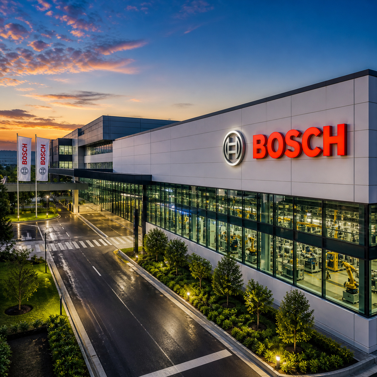 Fábrica moderna da Bosch com arquitetura industrial, iluminação ao entardecer e área produtiva visível, representando investimento e expansão na América Latina