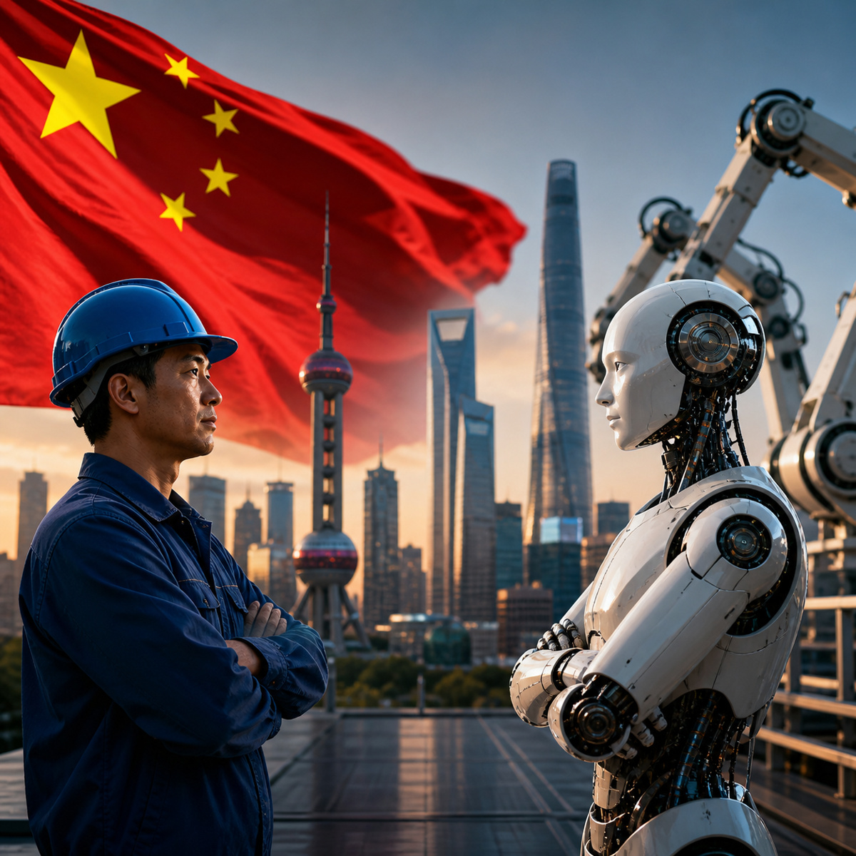Trabalhador humano encara robô em cenário urbano na China, simbolizando limites ao uso de inteligência artificial e restrições a demissões no mercado de trabalho