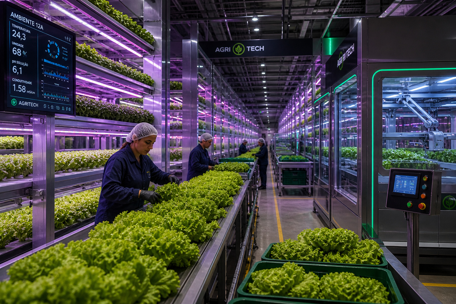 colheita de vegetais em sistema automatizado de agricultura vertical