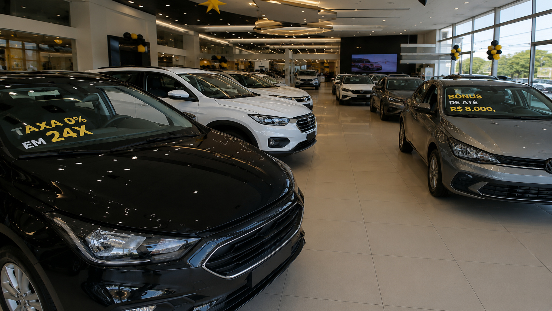 Concessionária de veículos com carros novos expostos em showroom moderno durante alta nas vendas do setor automotivo brasileiro em 2026.