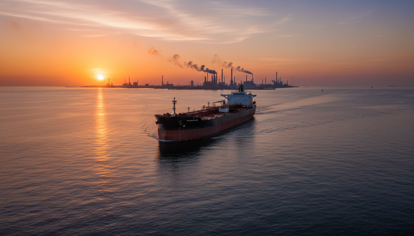 Tanqueiro de petróleo deixando porto industrial mexicano ao pôr do sol