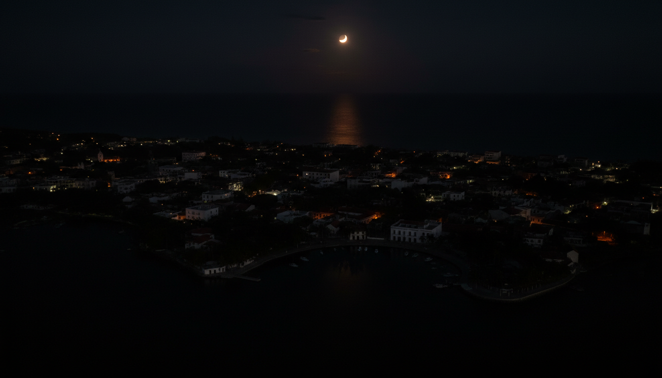 Cidade do Caribe à noite quase totalmente sem luz durante apagão