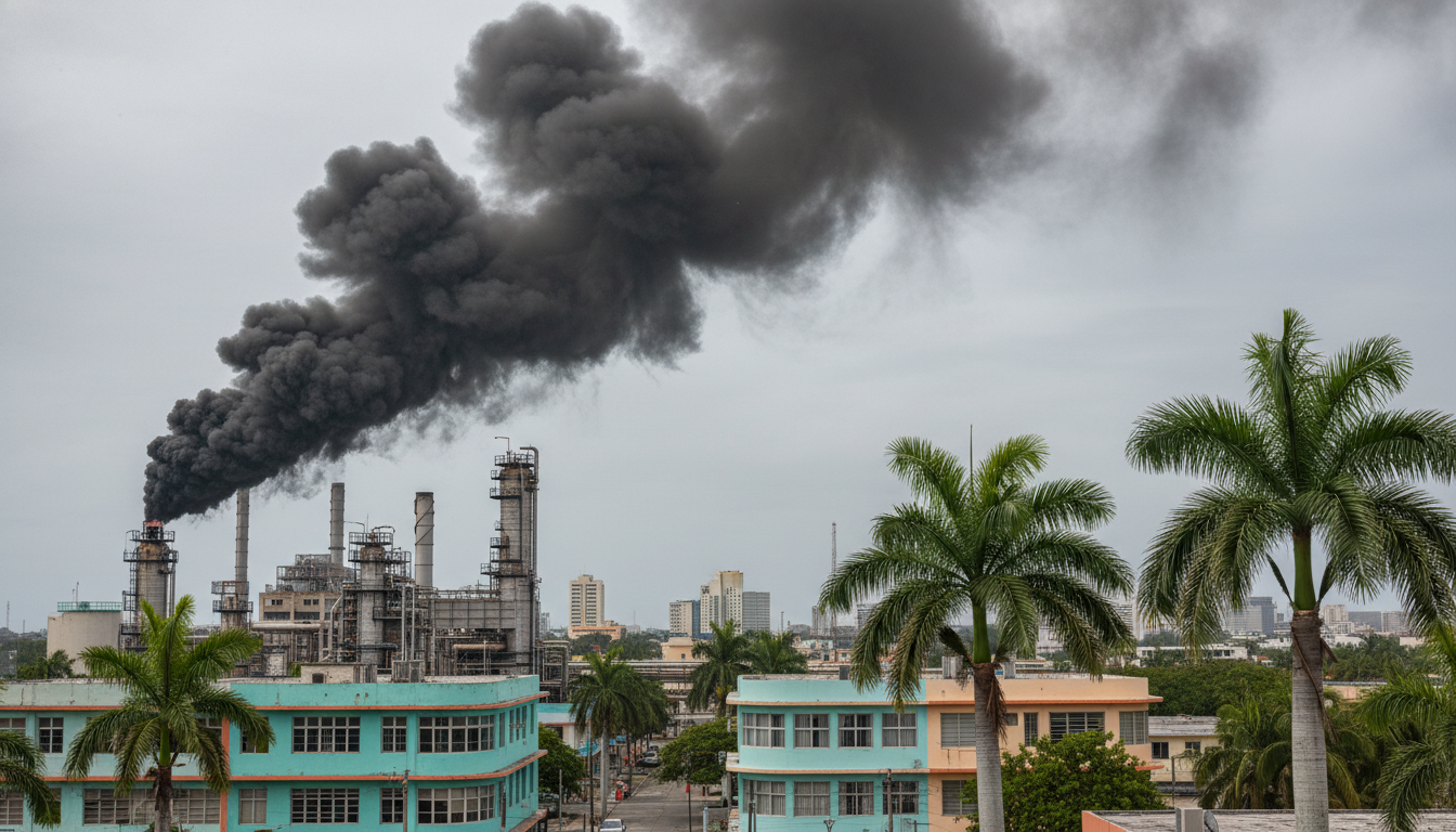 Refinaria urbana caribenha com fumaça preta subindo durante incêndio